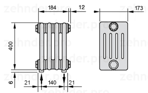 Схема (чертеж) Радиатор Zehnder Charleston 5040/4 №5310 Белый глянцевый RAL 9016